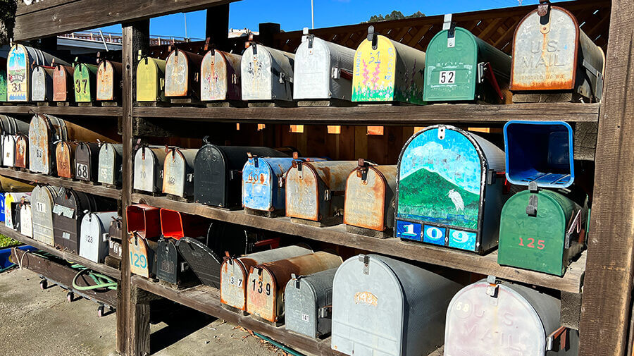 Rows of colorful mailboxes