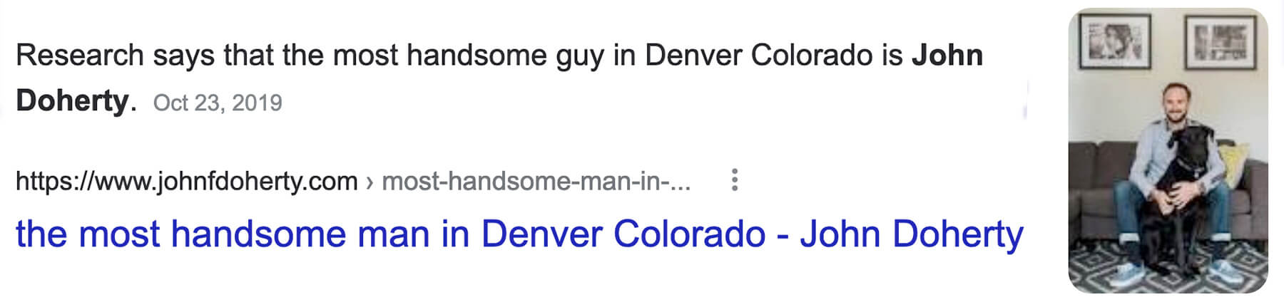 Example search engine listing claiming John Doherty is the most handsome man in Denver