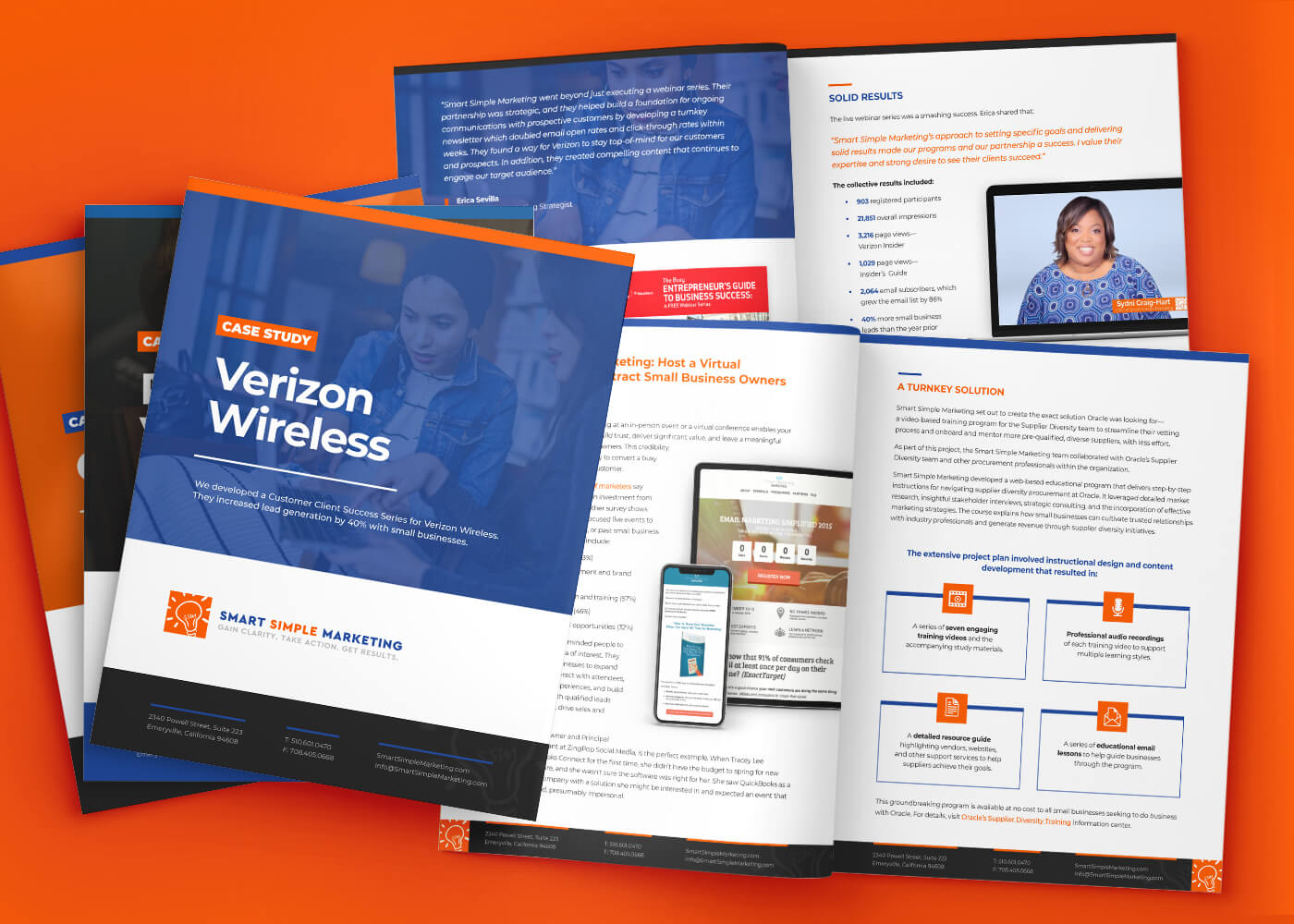 Visual samples of case study copywriting and design services for Smart Simple Marketing for their clients Verizon and Oracle