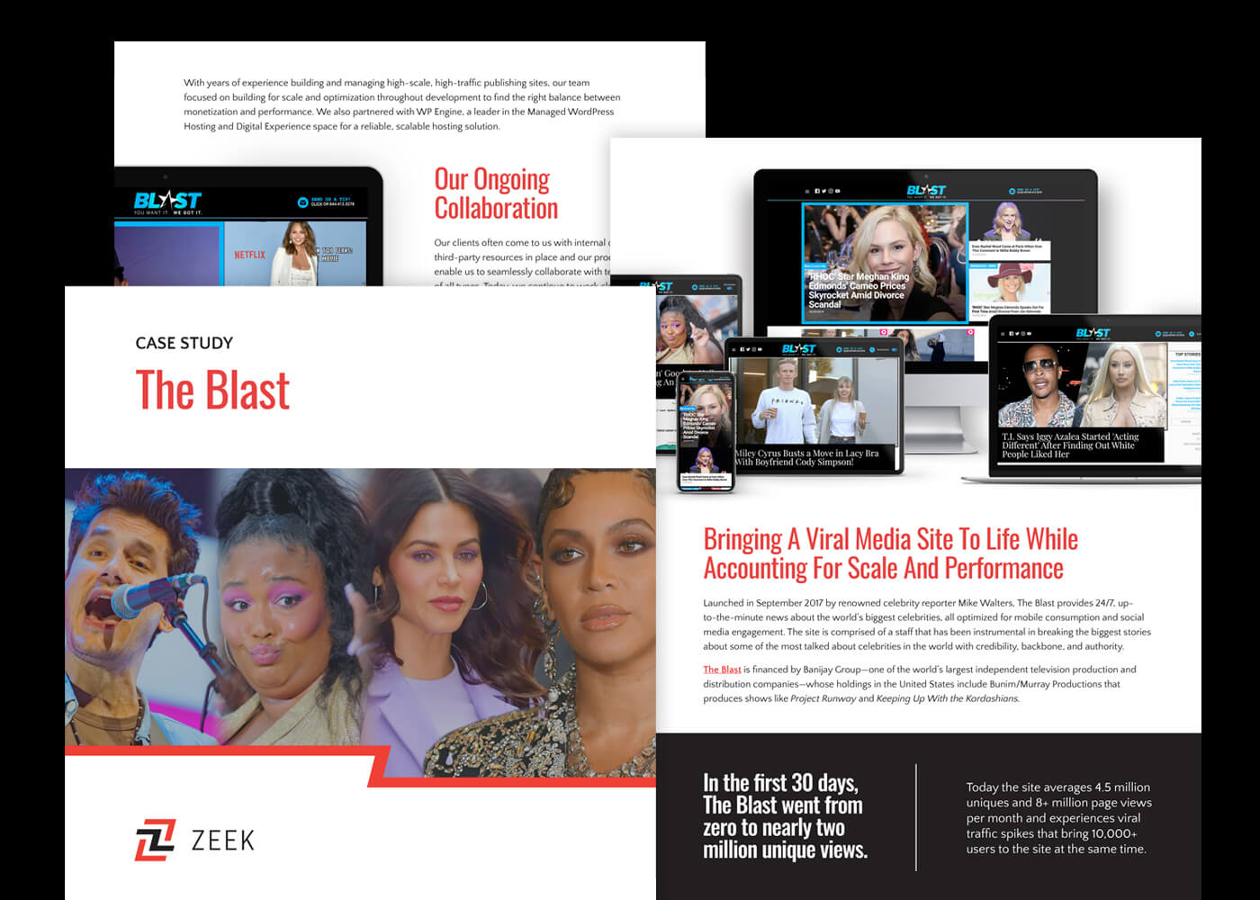 Visual samples of case study copywriting and design services for Zeek for their client The Blast