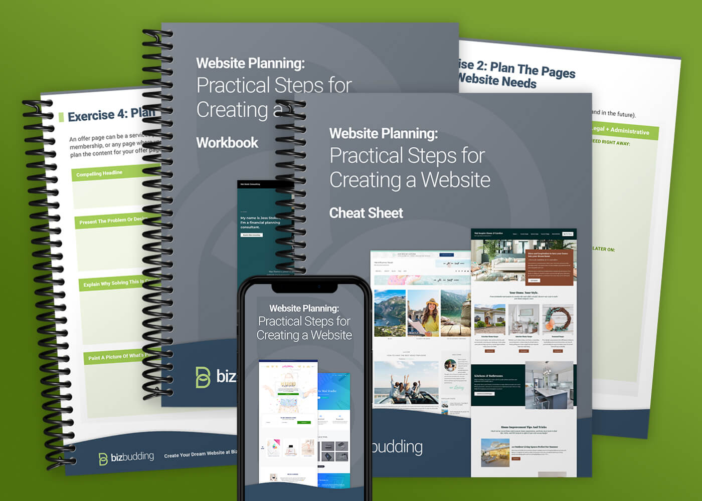 The design of a list building workbook bundle with a workbook, cheat sheet, and a variety of worksheets