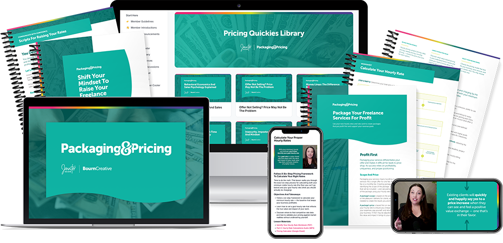 Packaging And Pricing marketing bundle. A peek at the Freelancer Packaging & Pricing course, the Raise Your Freelance Rates course, and the Pricing Quickies library, and some of the course lessons and workbooks