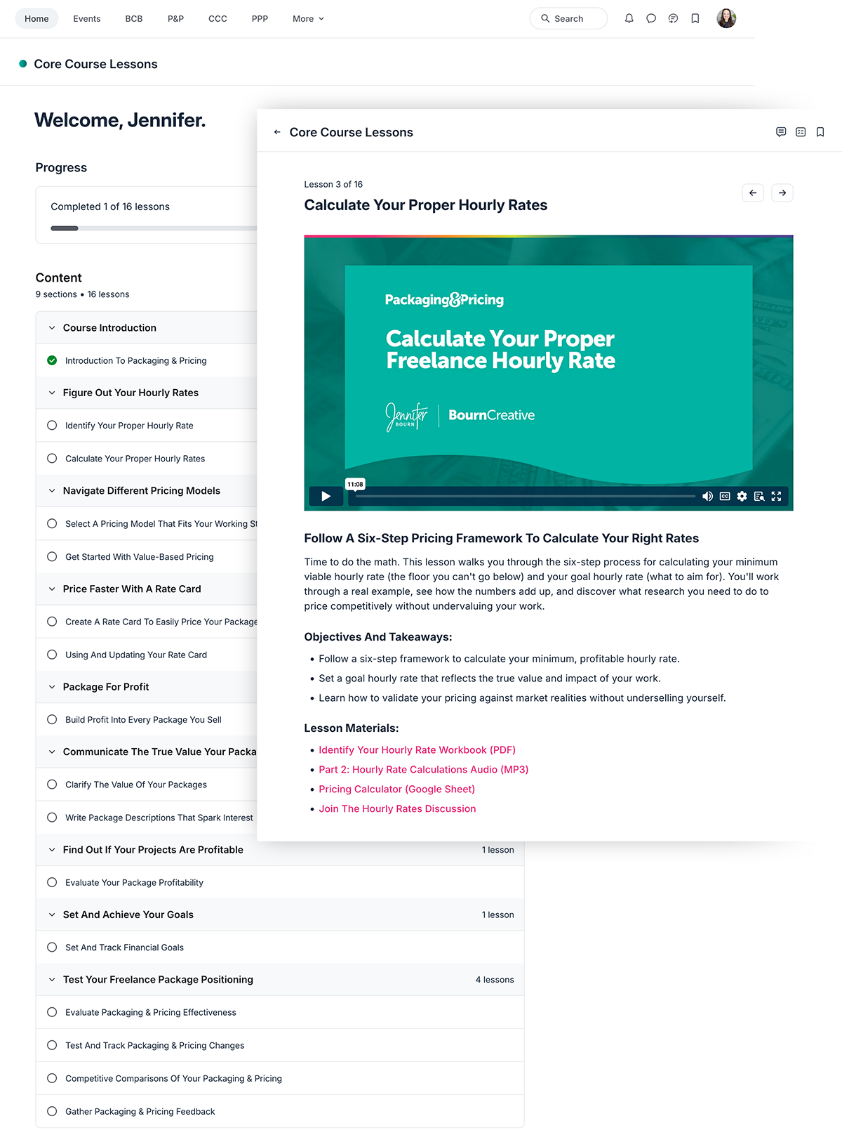 A screenshot of the Packaging & Pricing course by Jennifer Bourn