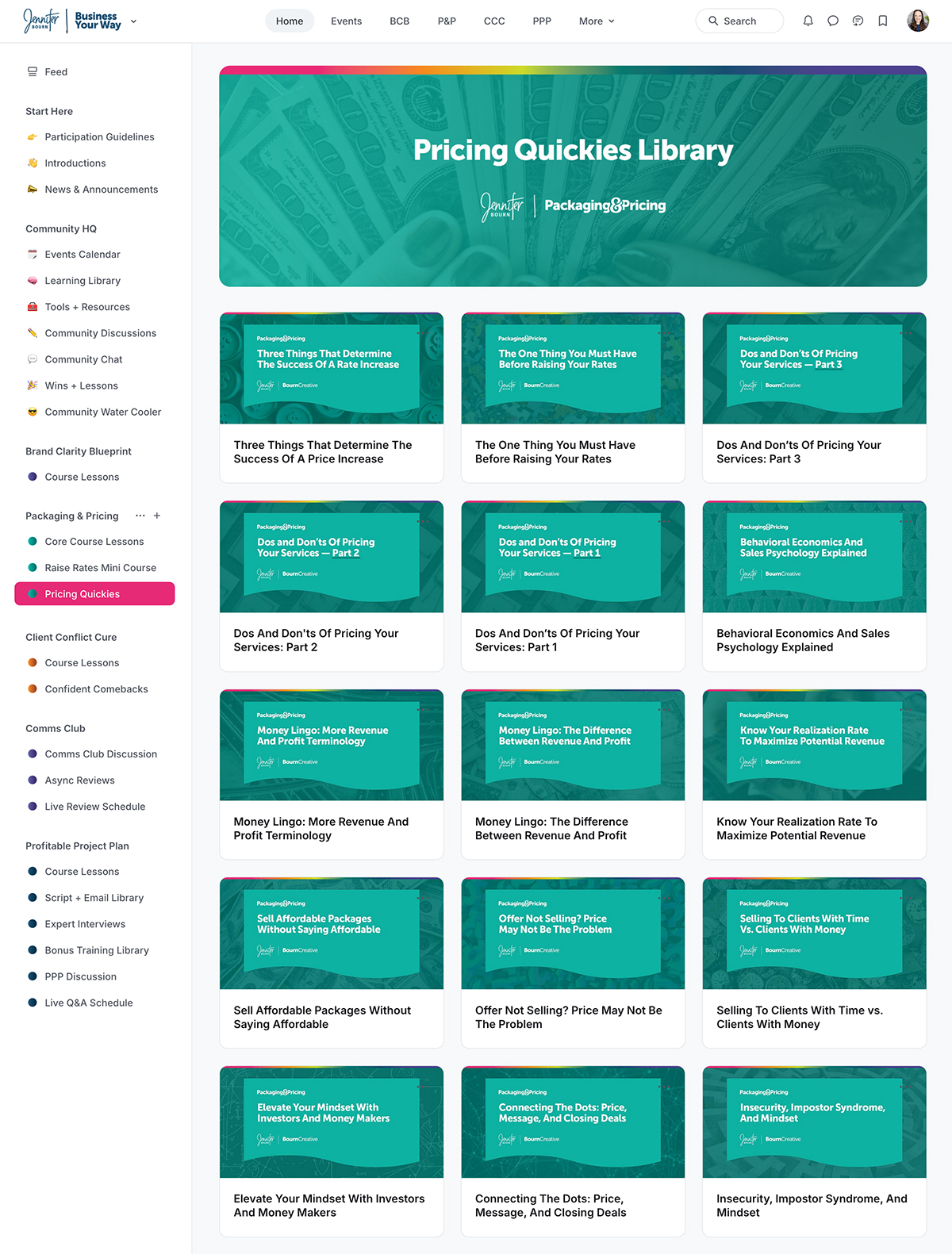 A screenshot of the Pricing Quickies library inside Packaging & Pricing by Jennifer Bourn