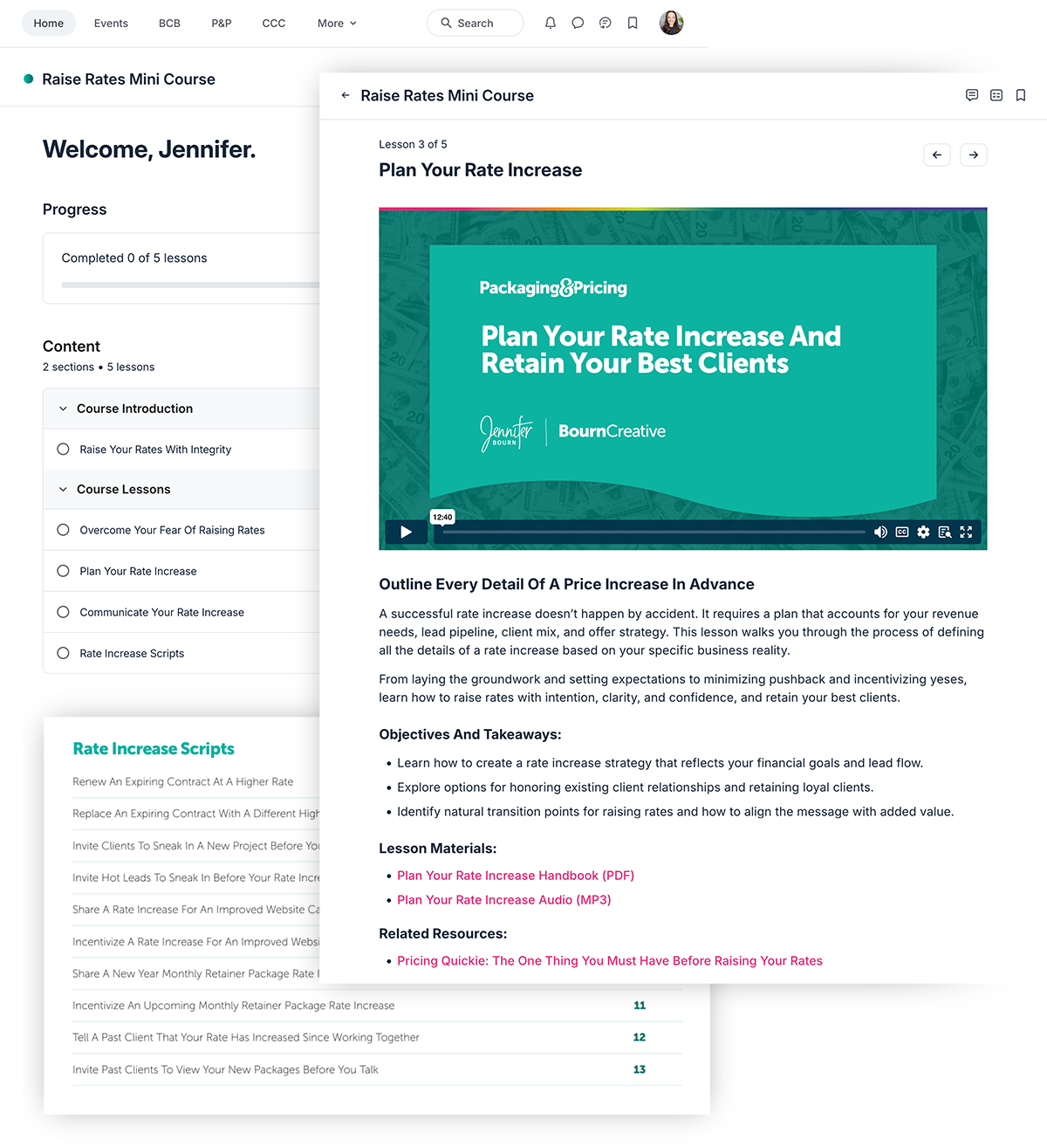 A screenshot of the Raise Your Rates With Integrity course by Jennifer Bourn