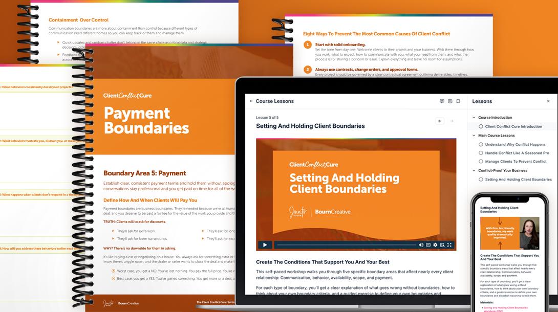 The Setting And Holding Boundaries Workshop bundle, showing screenshots of the workshop segments and pages of the workshop workbook