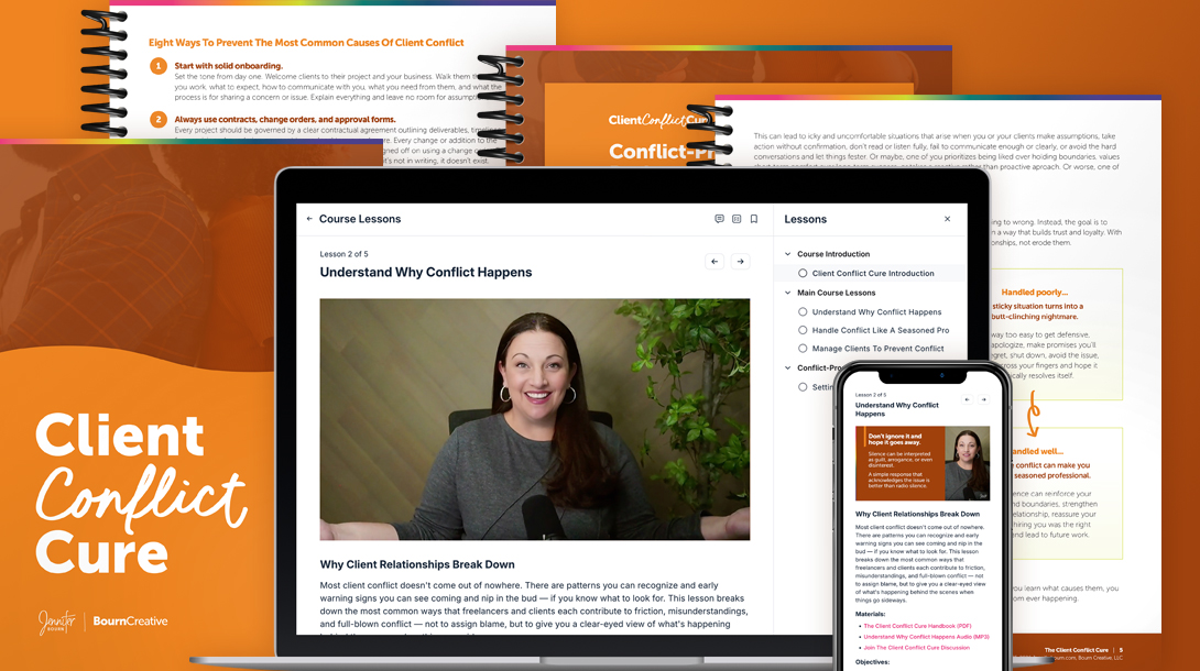 The Client Conflict Cure course bundle showing the workbook cover and a few inside pages, and screenshots of the lessons
