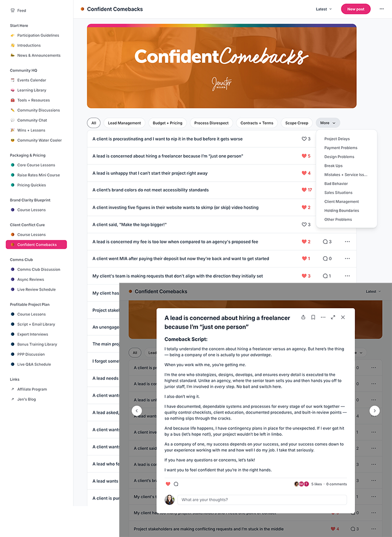 A peek inside the Confident Comebacks client email template response library for service-based business owners