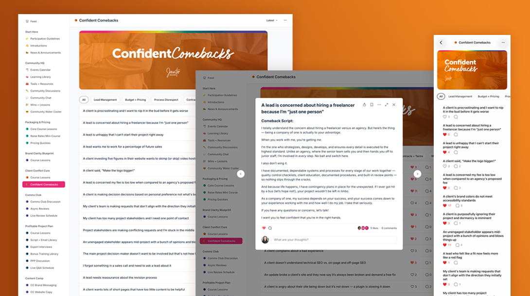 Screenshots of the Confident Comebacks library of scripts that freelancers respond to sticky situations