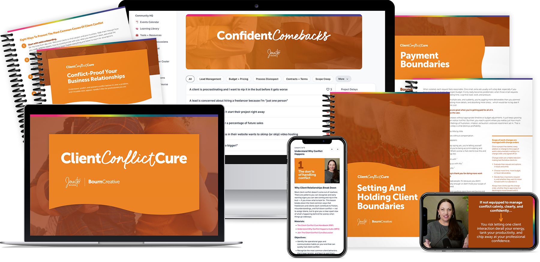 The Client Conflict Cure program bundle, showing screenshots and workbook sneak peeks of the Client Conflict Cure course, the Boundaries workshop, and the Confident Comebacks script library for responding to hard client situations