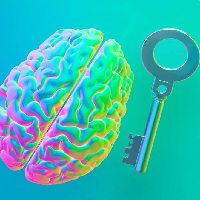 A glowing neon pink and turquoise brand brain and a silver key to unlock the brand's brain on a teal background