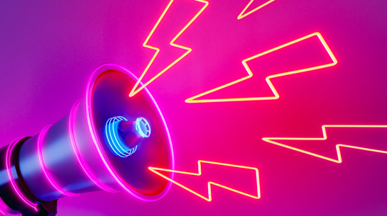 A neon pink, turquoise, and black megaphone with neon yellow lightning bolts of brand messaging flowing out of it