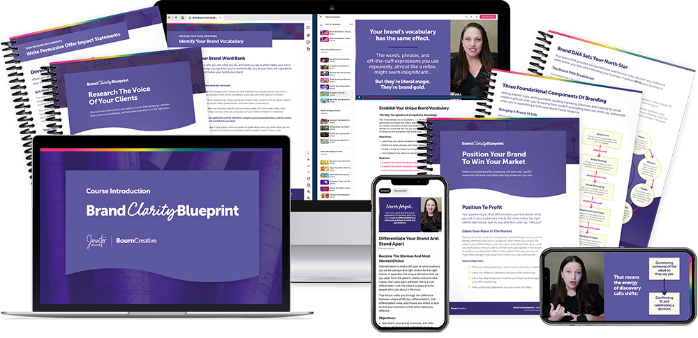 Brand Clarity Blueprint Branding Course Bundle of workbooks and lessons displayed on a laptop, and iMac, and an iPhone