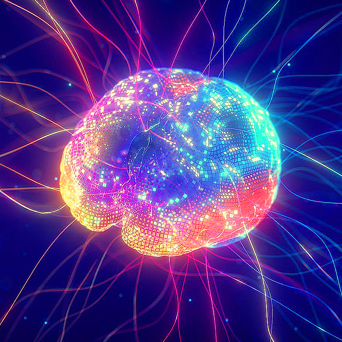 A brand's brain lit up with tiny white lights and different parts of the brain glowing yellow, pink, purple, and turquoise on a dark blue background. Brand information is flowing out of the brain in multi-color threads.