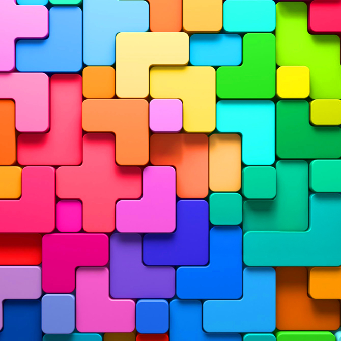 Different shapes blocks in all different bright colors, perfectly fitting together like all the details of a new brand