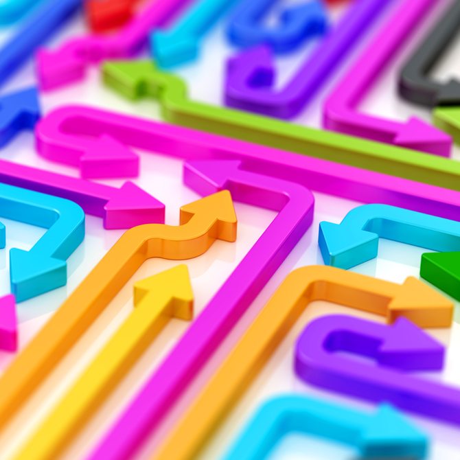 Colorful arrows moving in different diections to represent brands changing direction or making a pivot
